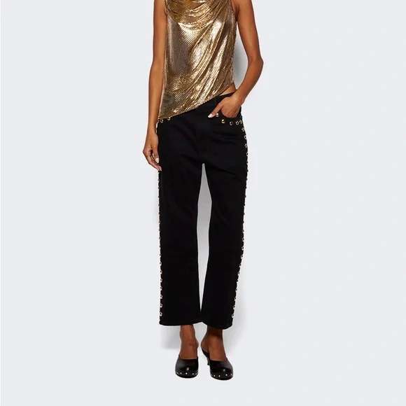 Paco Rabanne Black and Gold Flare Jeans with Studded Details